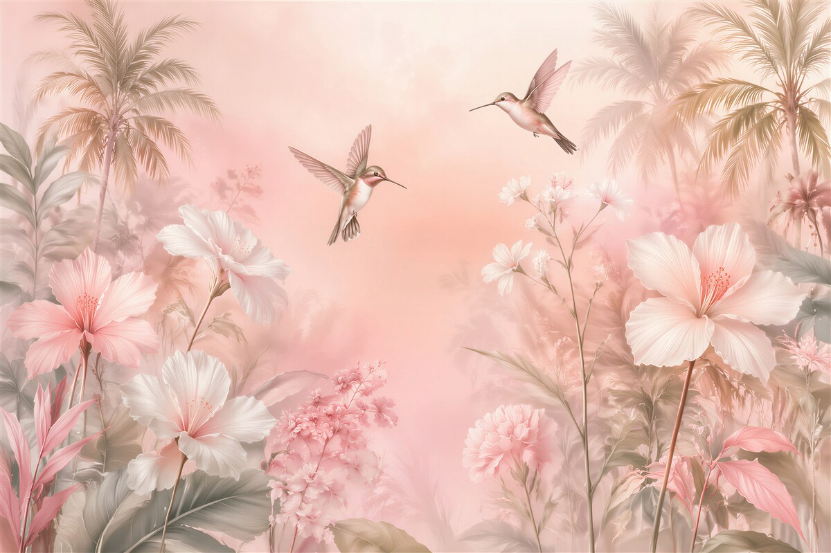 Fototapet Colibri roz în flori tropicale