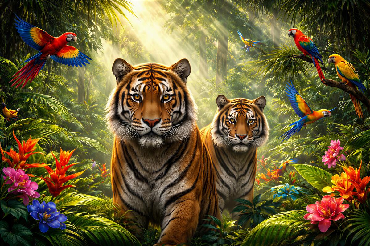 Fototapet Tigri în jungla tropicală