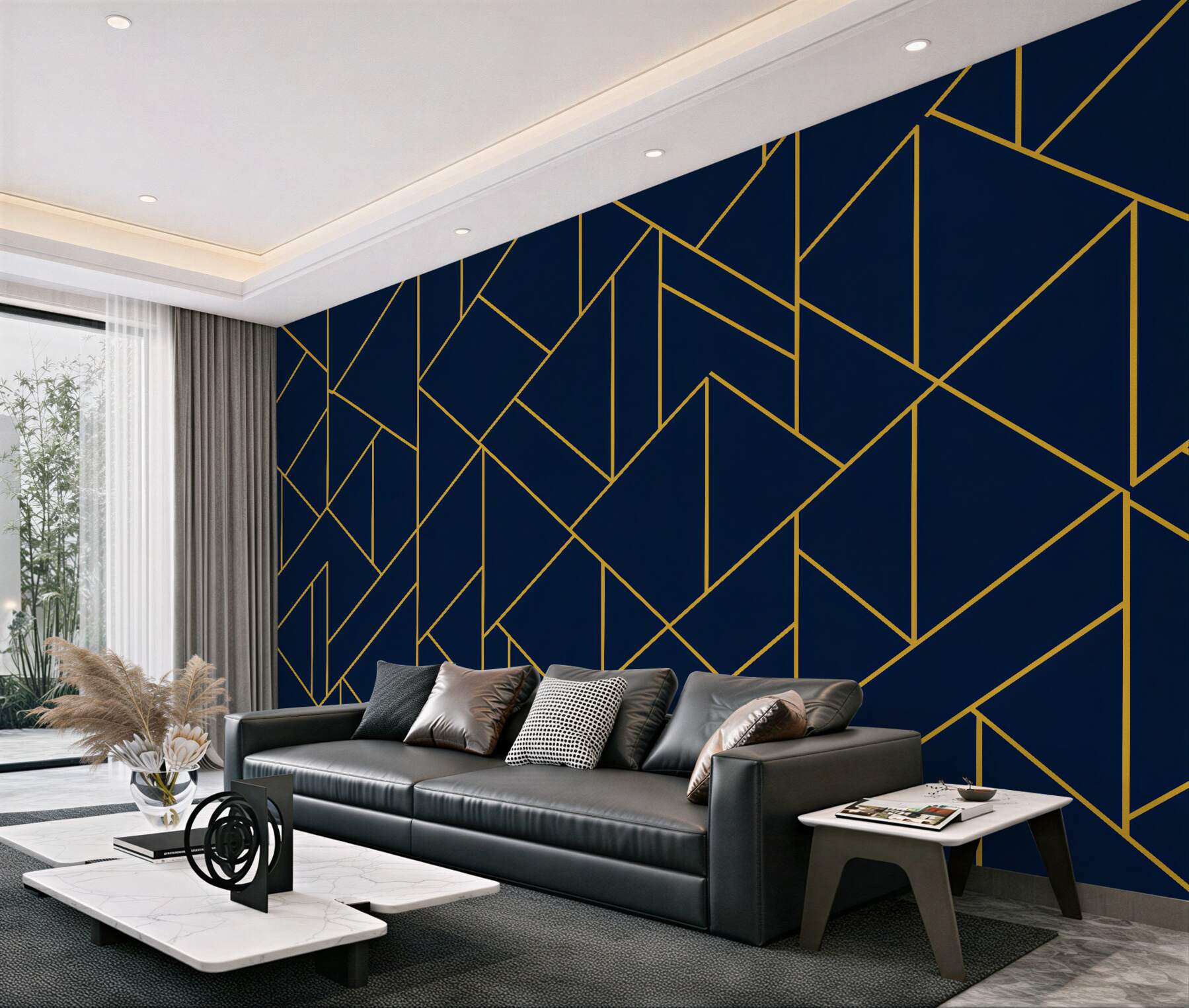 Fototapet Geometrie bleumarin cu linie aurie