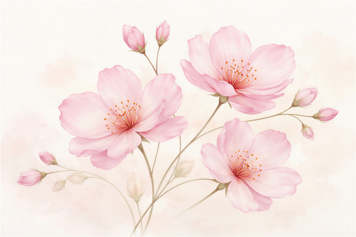 Fototapet Flori roz delicate pe fundal deschis