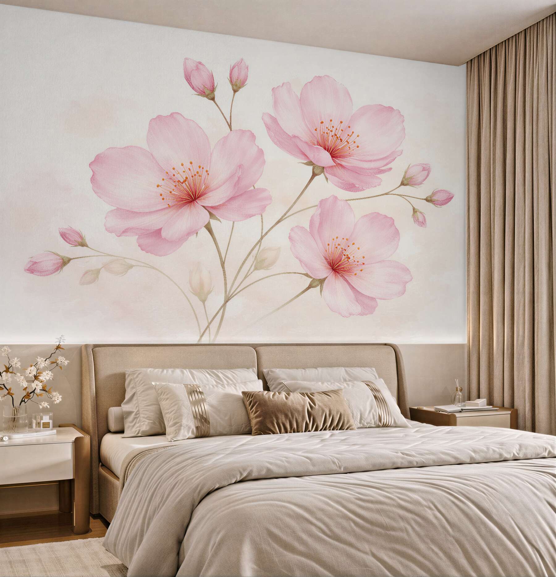 Fototapet Flori roz delicate pe fundal deschis