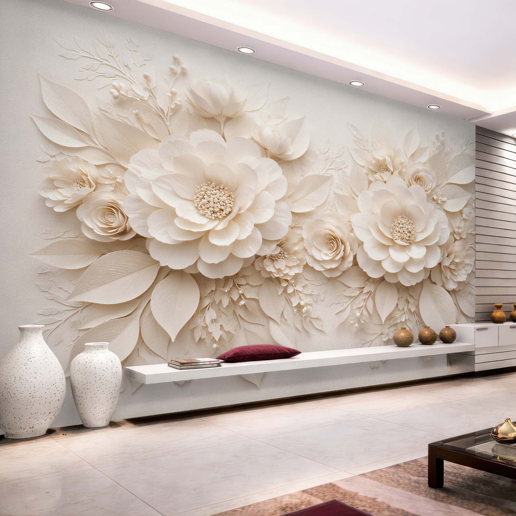 Fototapet Flori crem în relief elegant