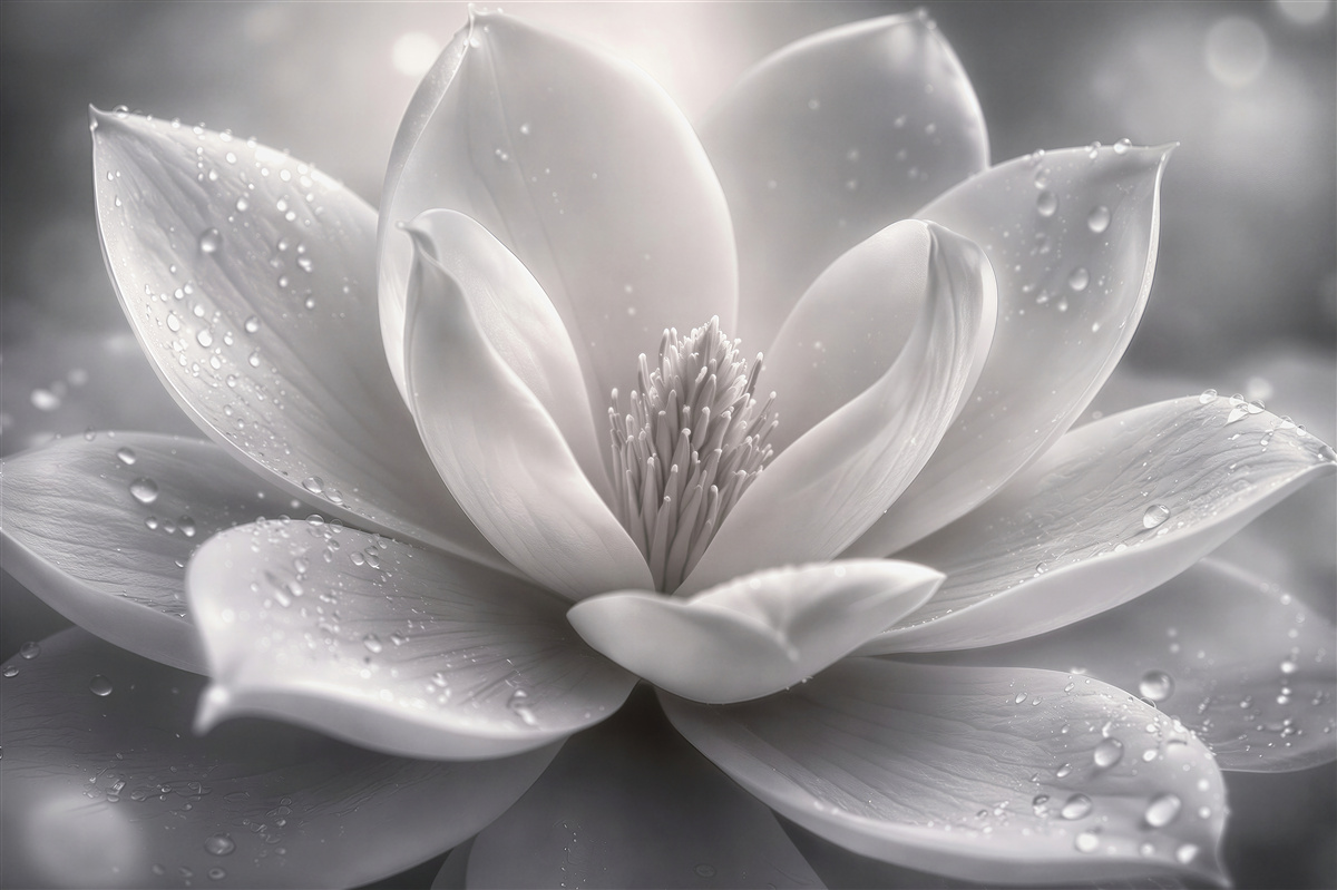 Fototapet Magnolie albă cu picături de rouă