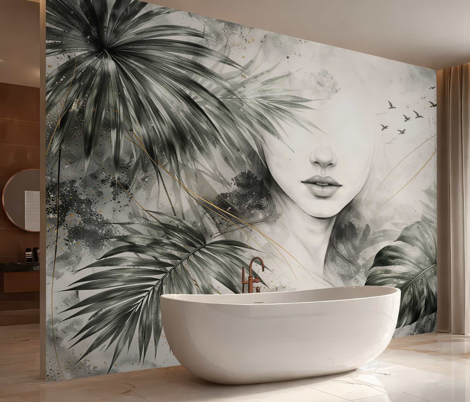 Fototapet Chip delicat printre frunze de monstera