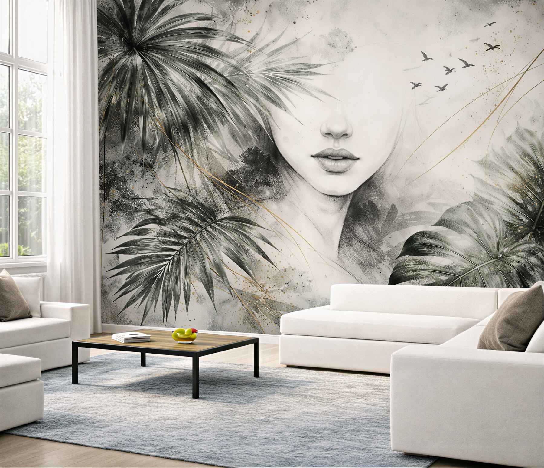 Fototapet Chip delicat printre frunze de monstera