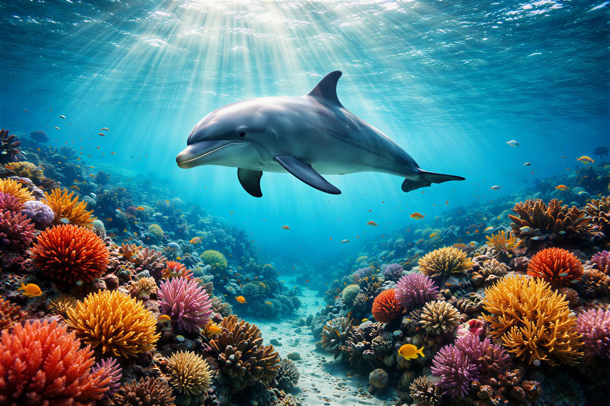 Fototapet Delfin în reciful colorat