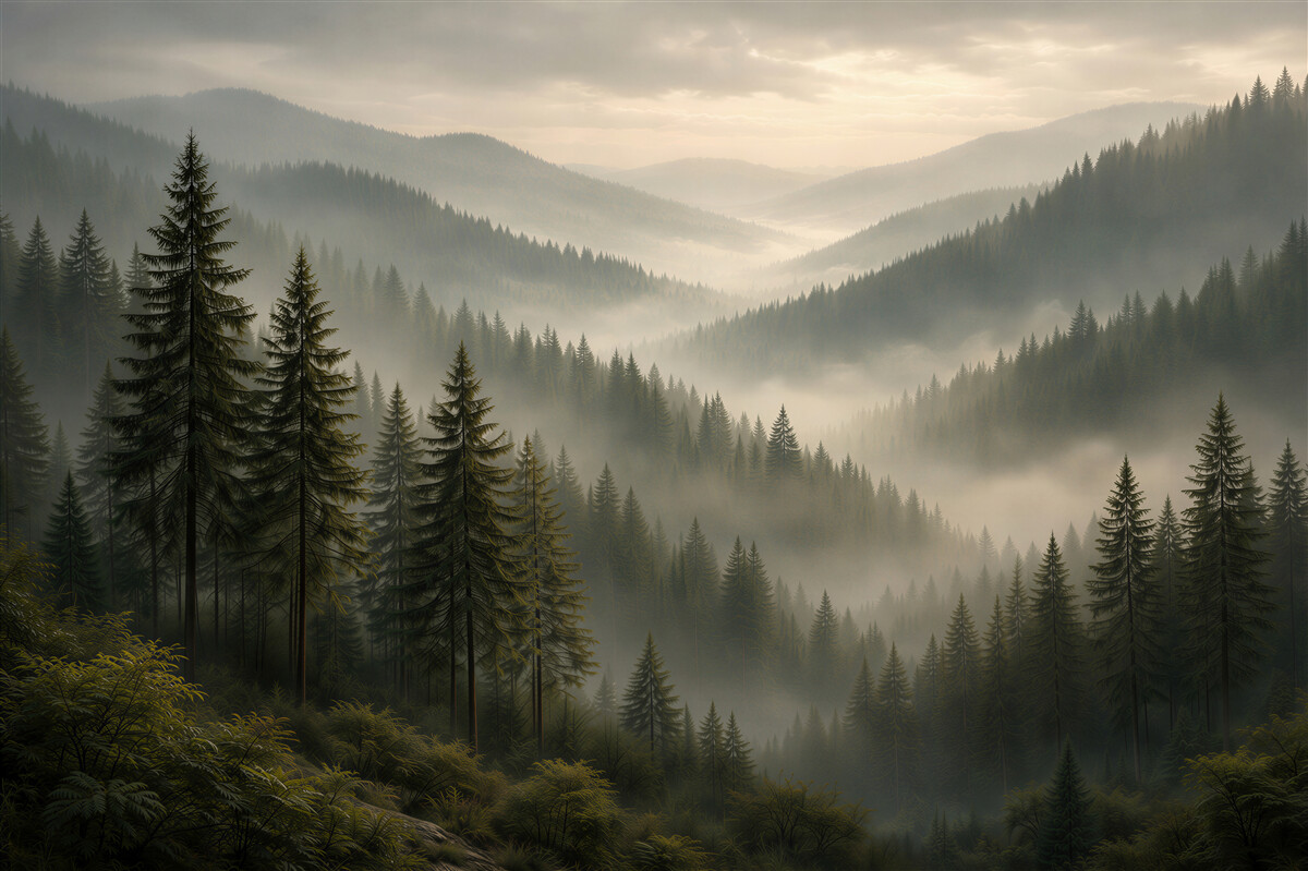 Fototapet Zori cețoase în pădurea montană