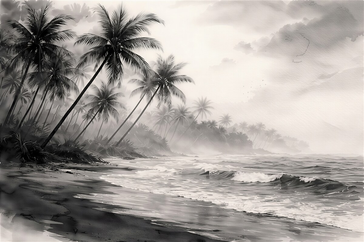 Fototapet Plajă tropicală alb-negru în ceață