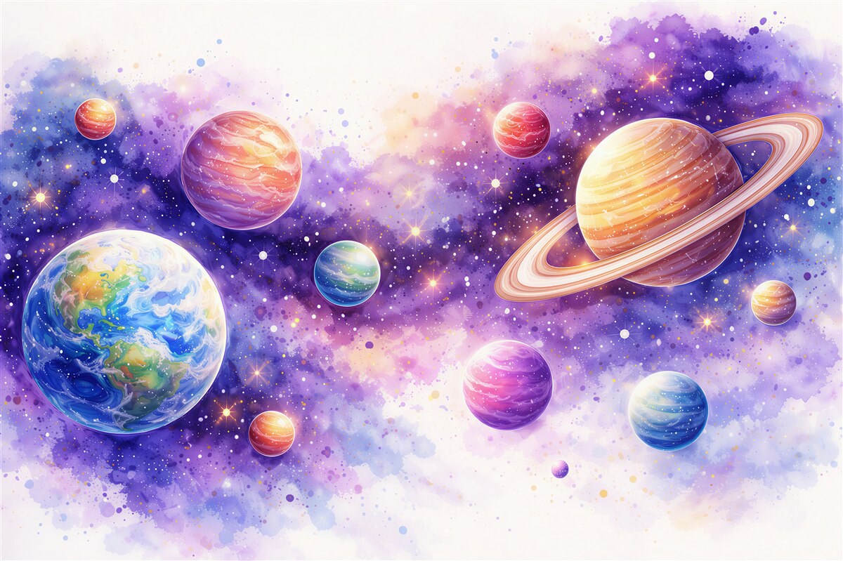 Fototapet Planete în acuarelă în cosmosul violet