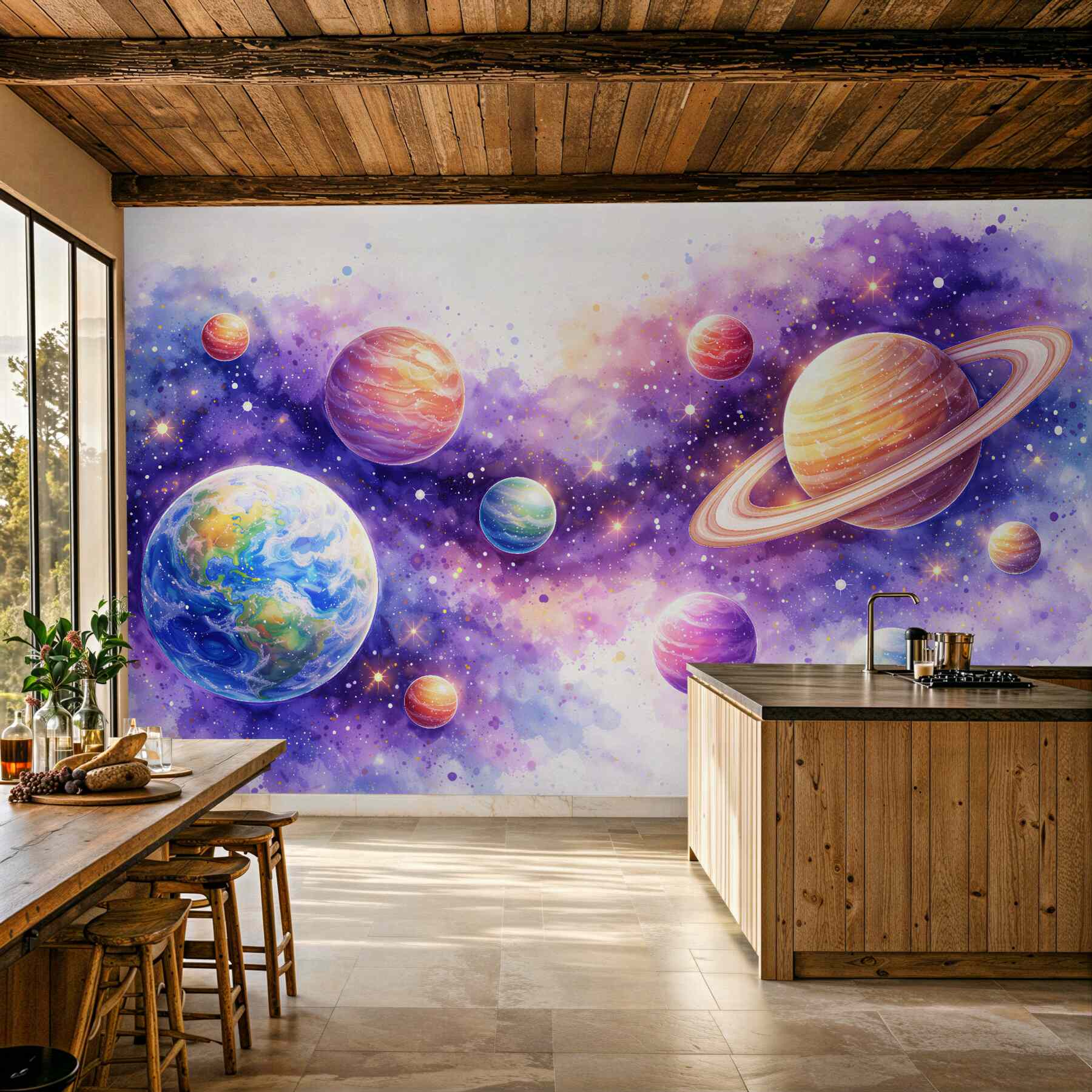 Fototapet Planete în acuarelă în cosmosul violet