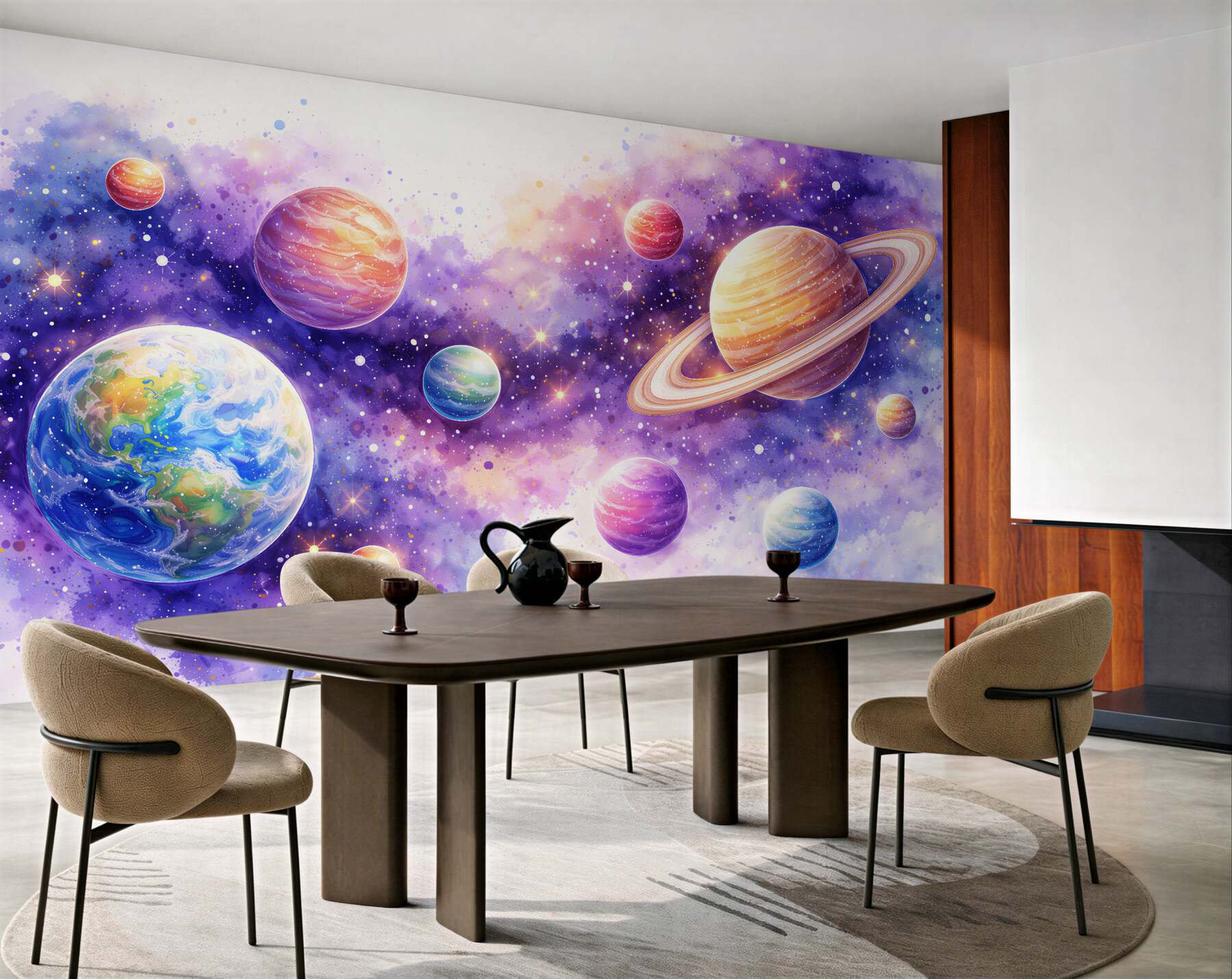 Fototapet Planete în acuarelă în cosmosul violet