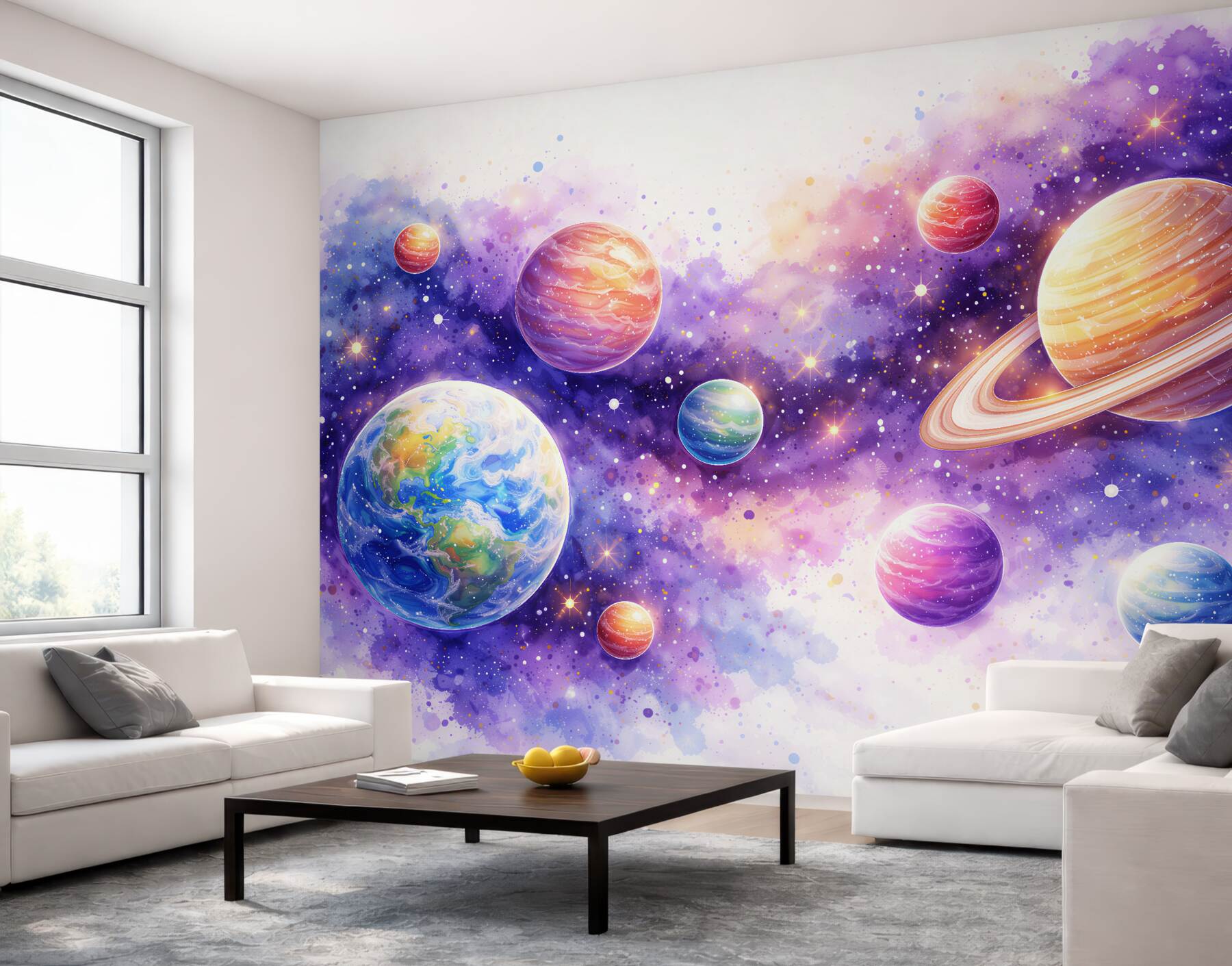 Fototapet Planete în acuarelă în cosmosul violet