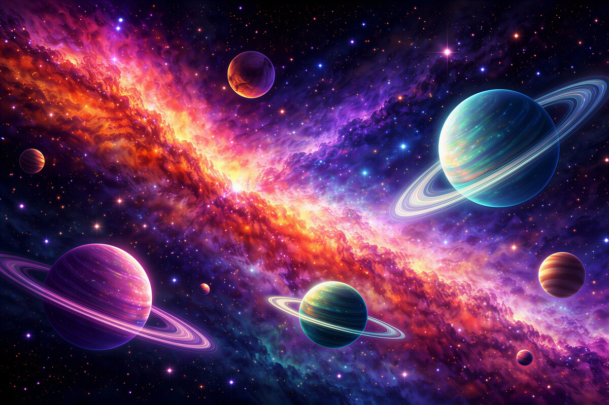 Fototapet Planete colorate în adâncul galaxiei