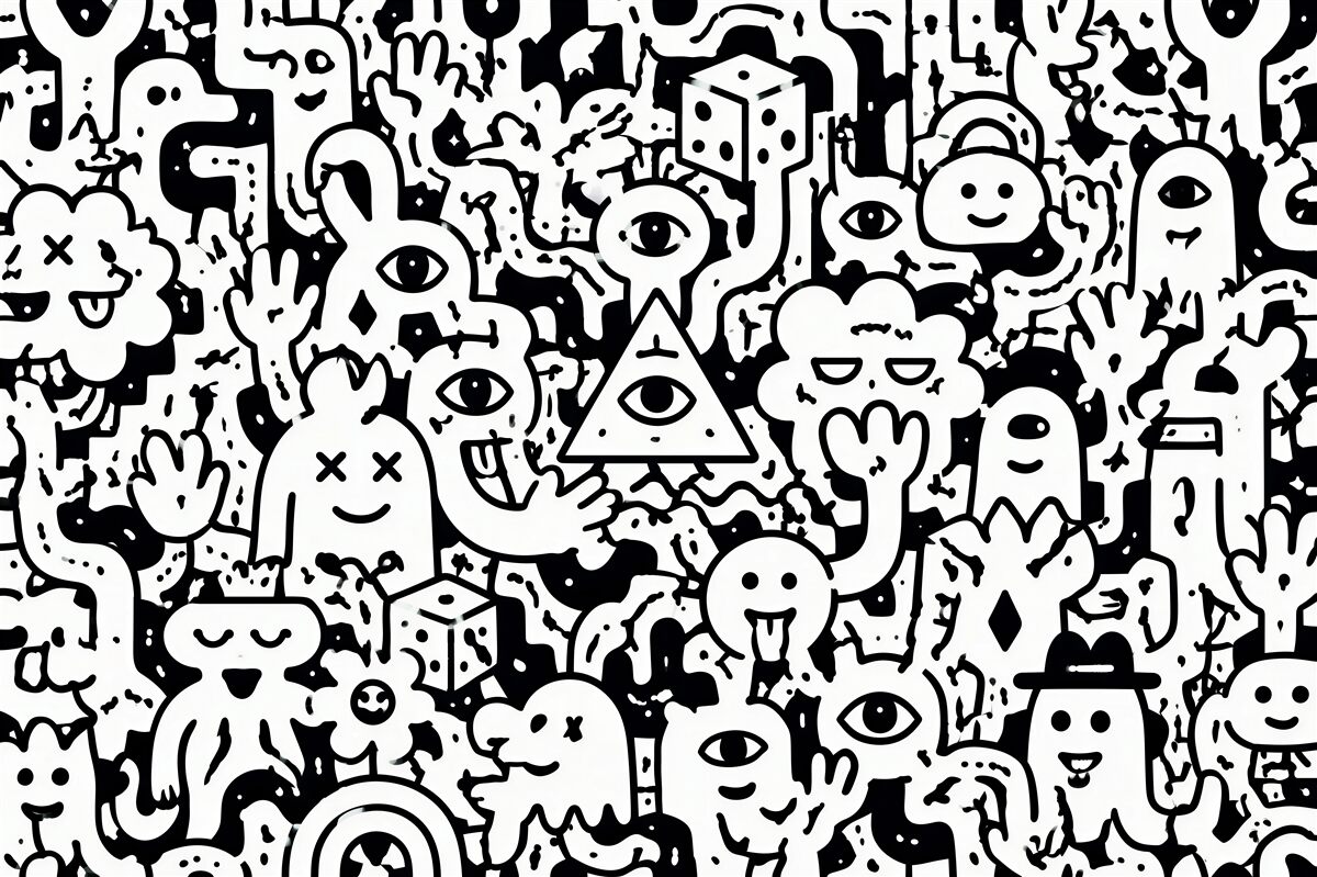 Fototapet Monștri doodle alb-negru