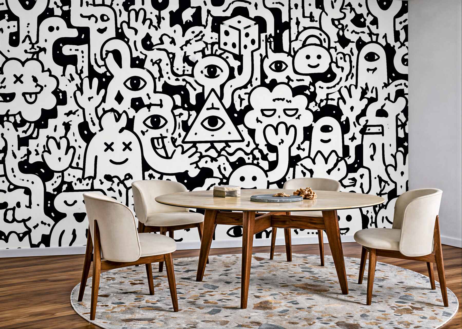 Fototapet Monștri doodle alb-negru