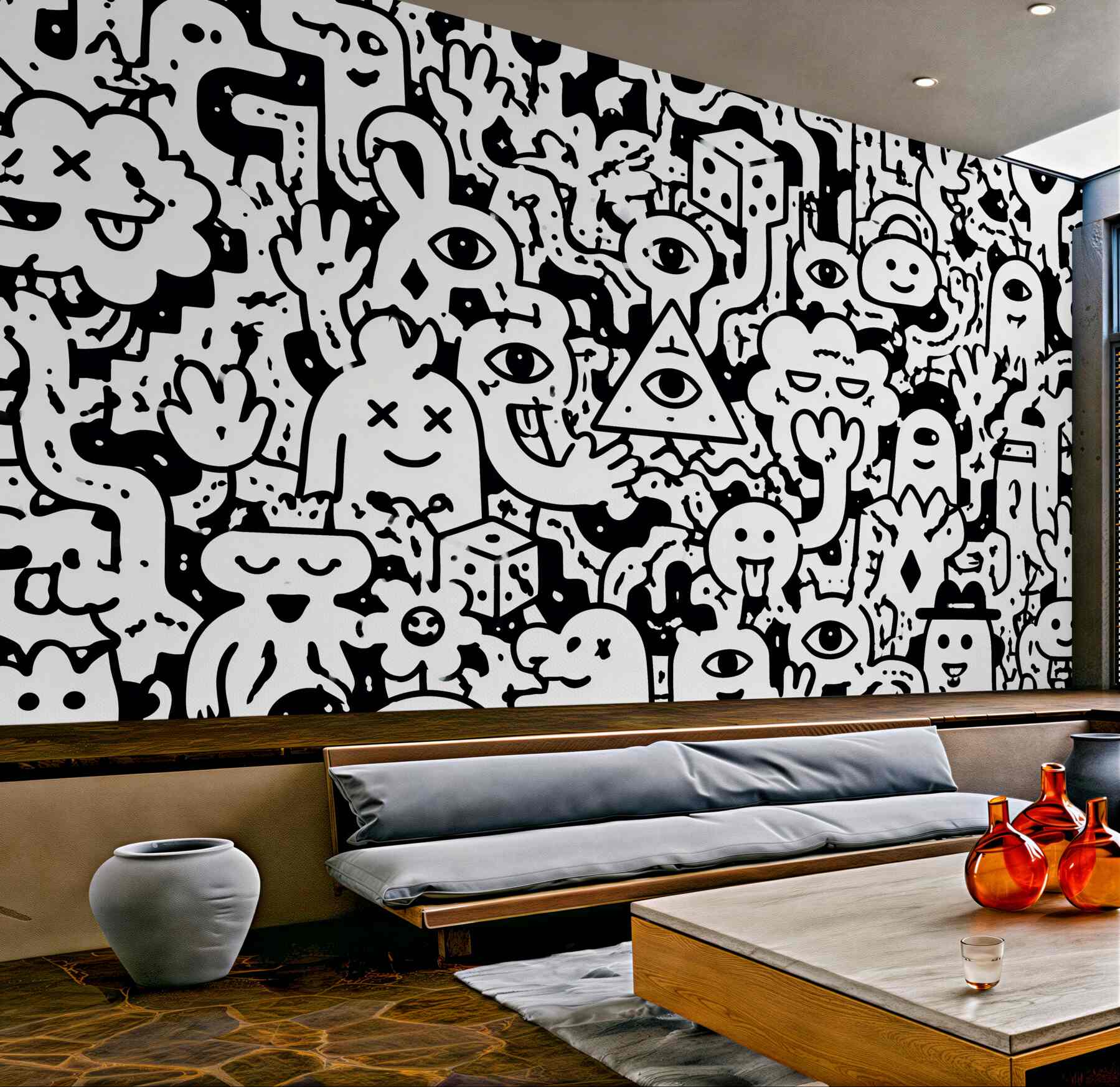 Fototapet Monștri doodle alb-negru
