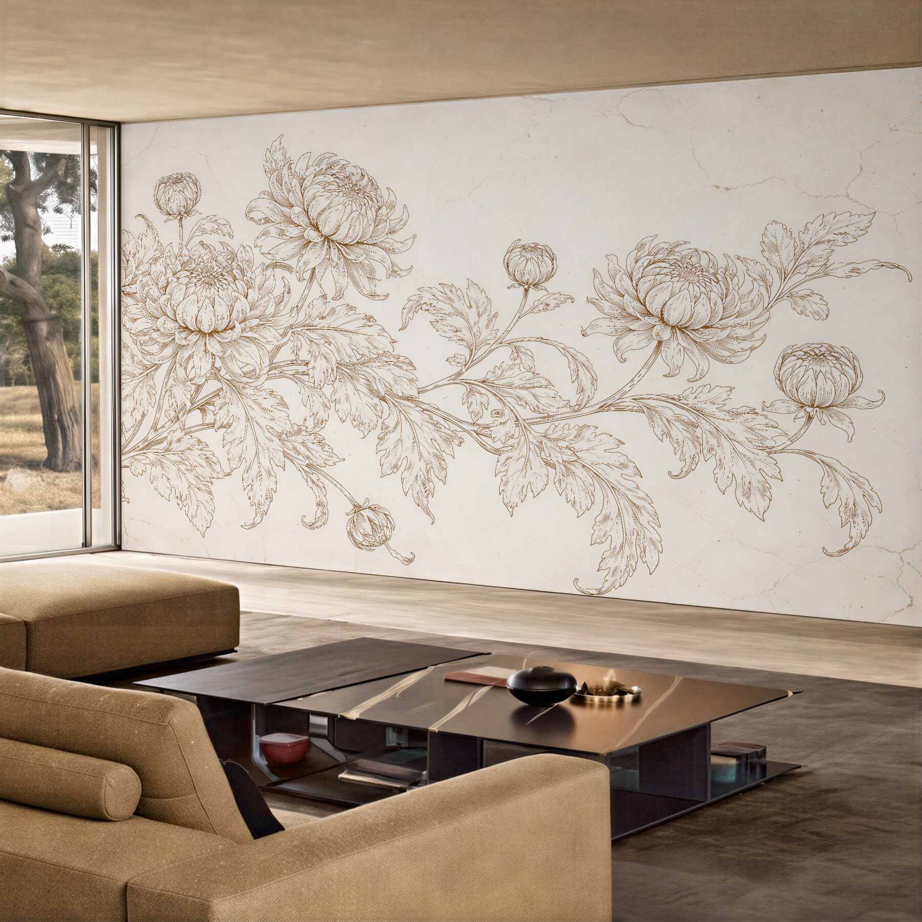 Fototapet Flori crem într-un desen elegant