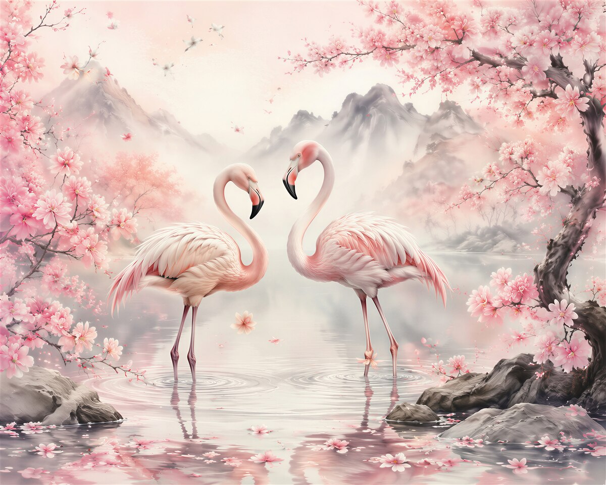 Fototapet Flamingi într-o idilă înflorită