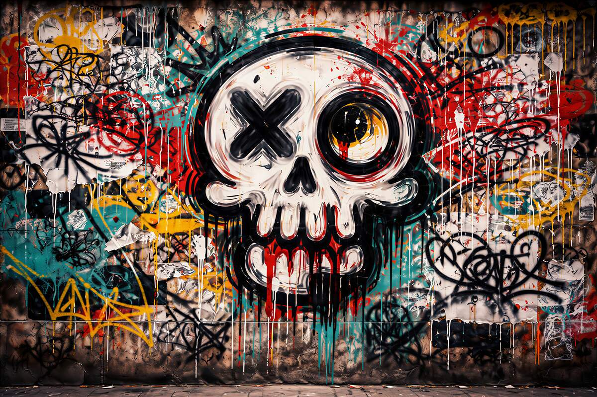 Fototapet Graffiti cu craniu și haos urban