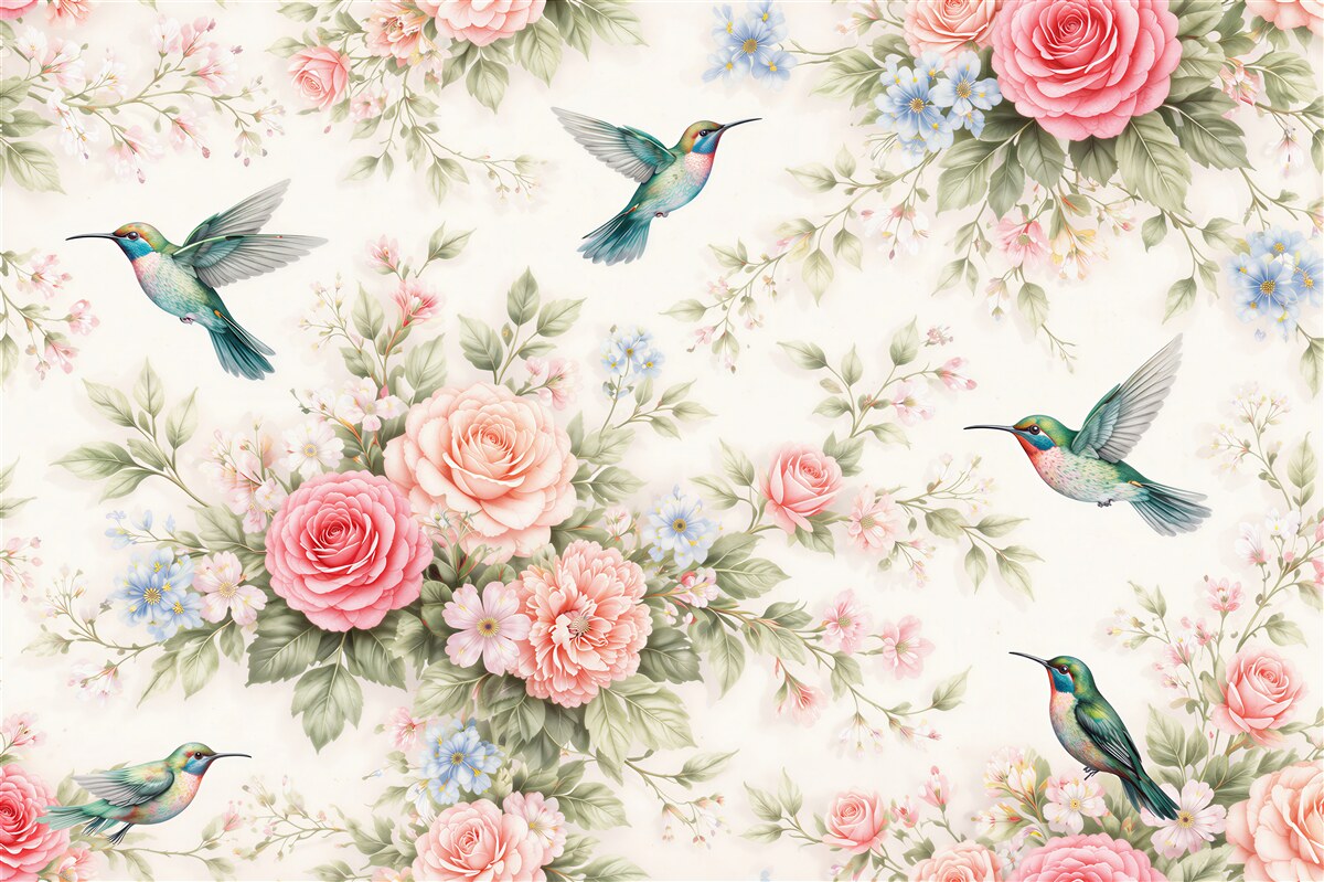 Fototapet Colibri printre flori de trandafir