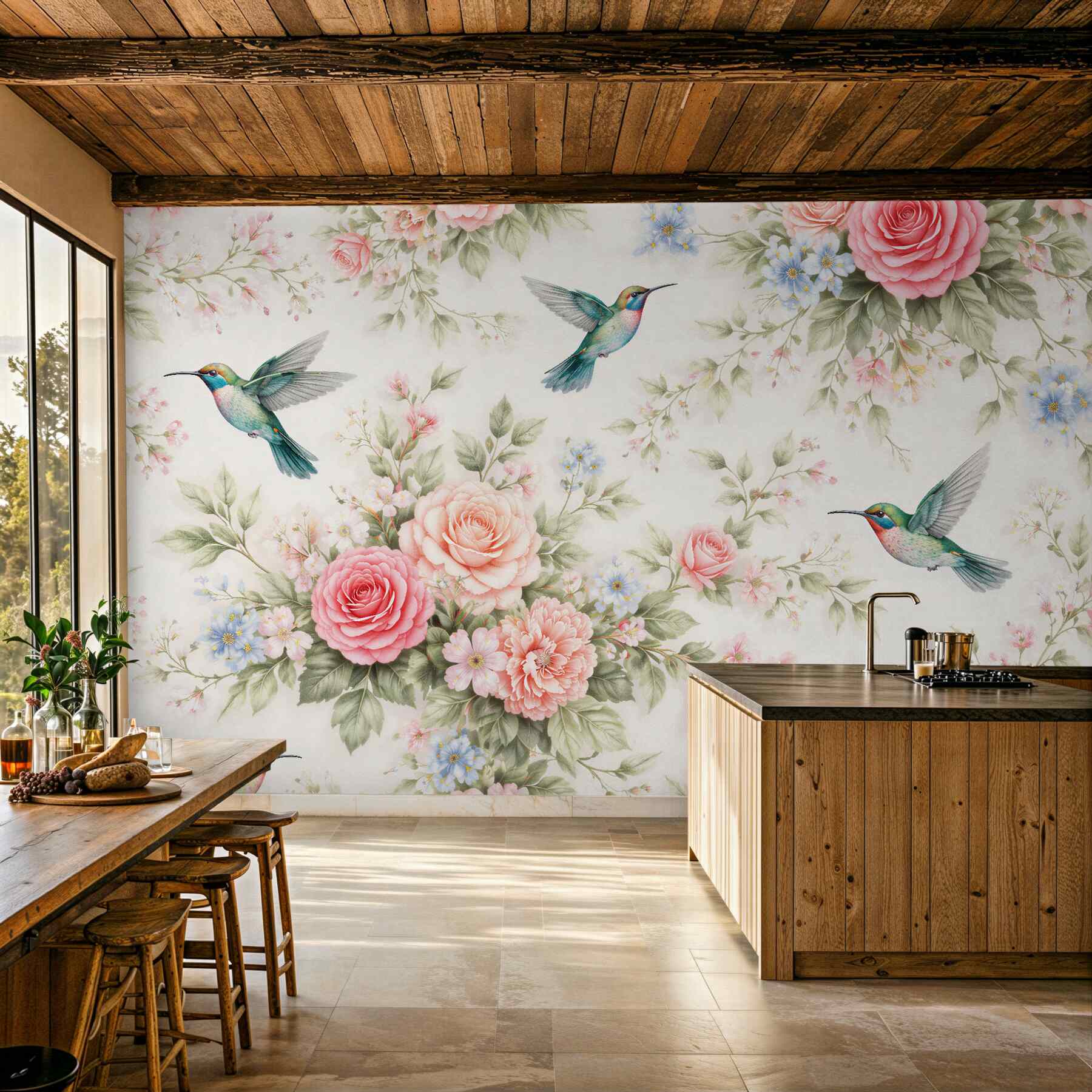 Fototapet Colibri printre flori de trandafir