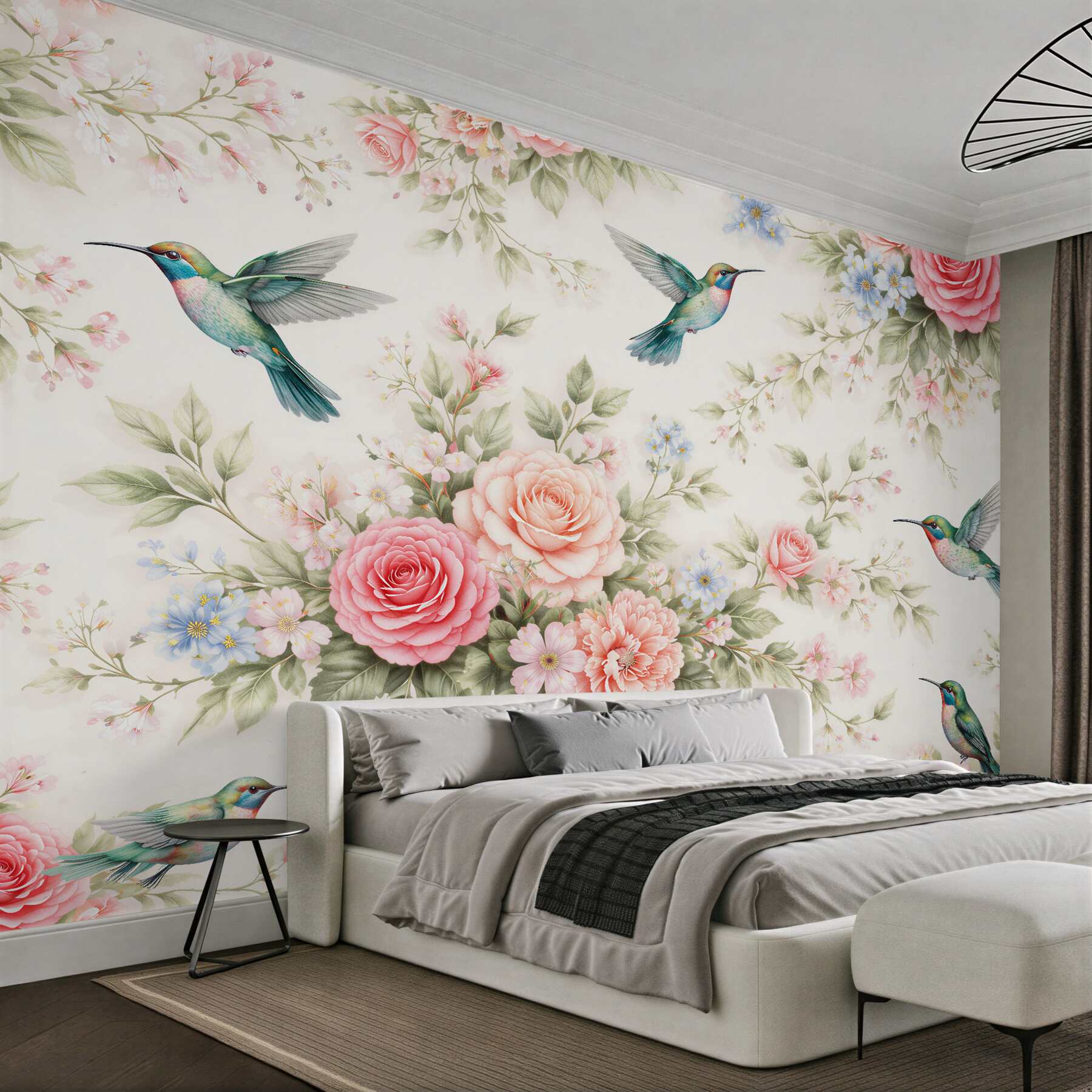 Fototapet Colibri printre flori de trandafir