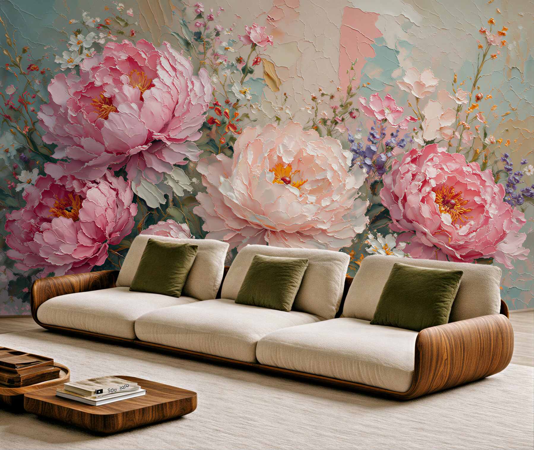 Fototapet Bujori pudrați într-o grădină artistică