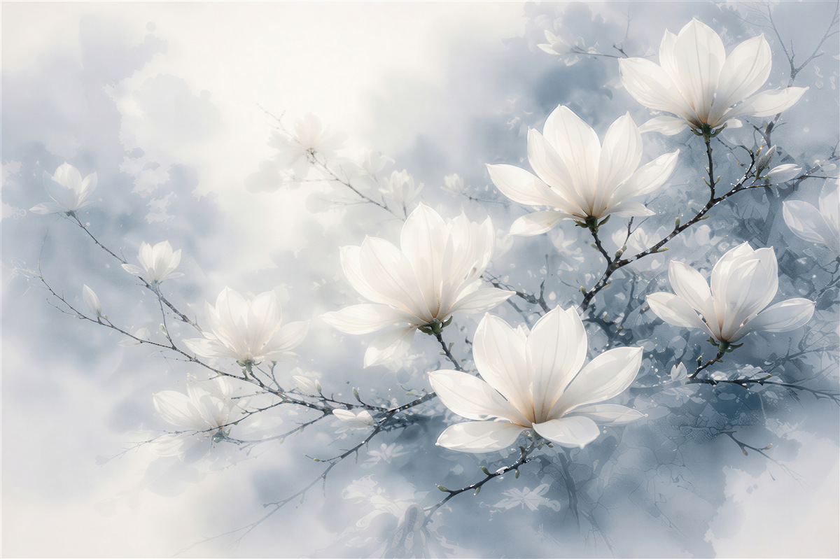 Fototapet Magnolii albe în strălucire albastră