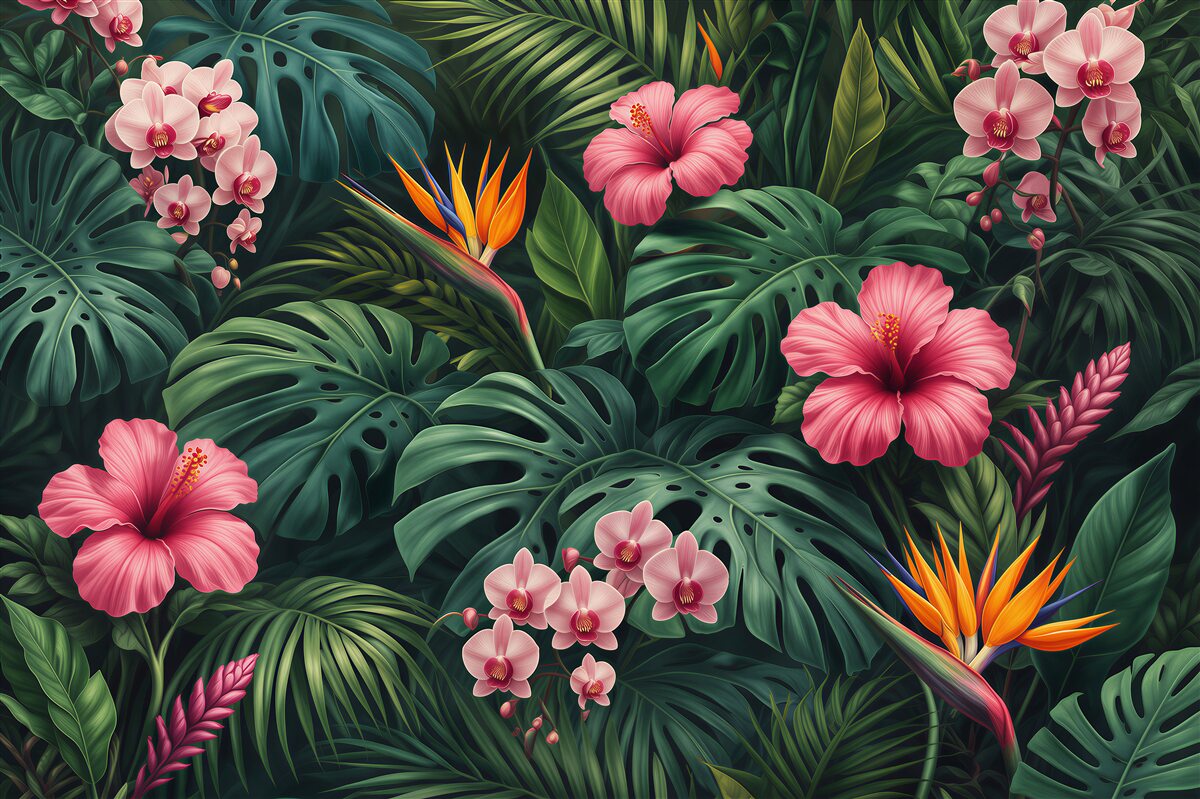Fototapet Junglă tropicală cu flori roz