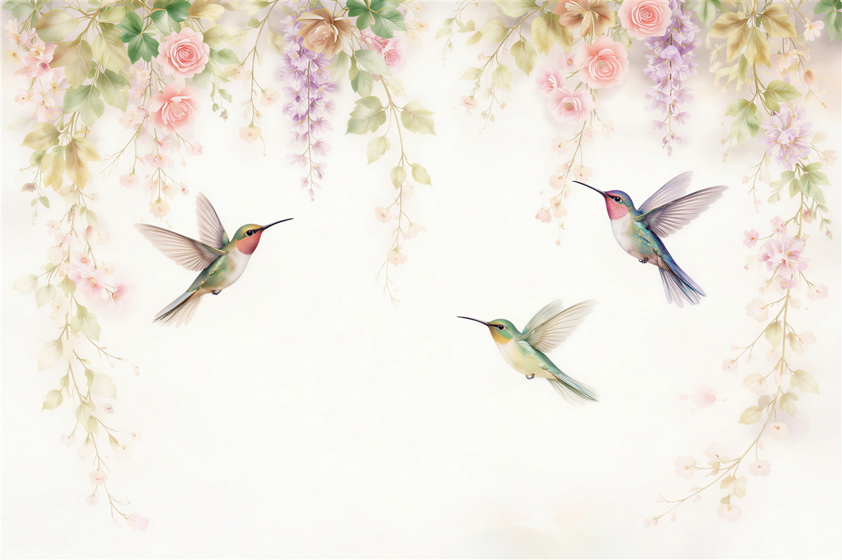 Fototapet Colibri în flori pastelate