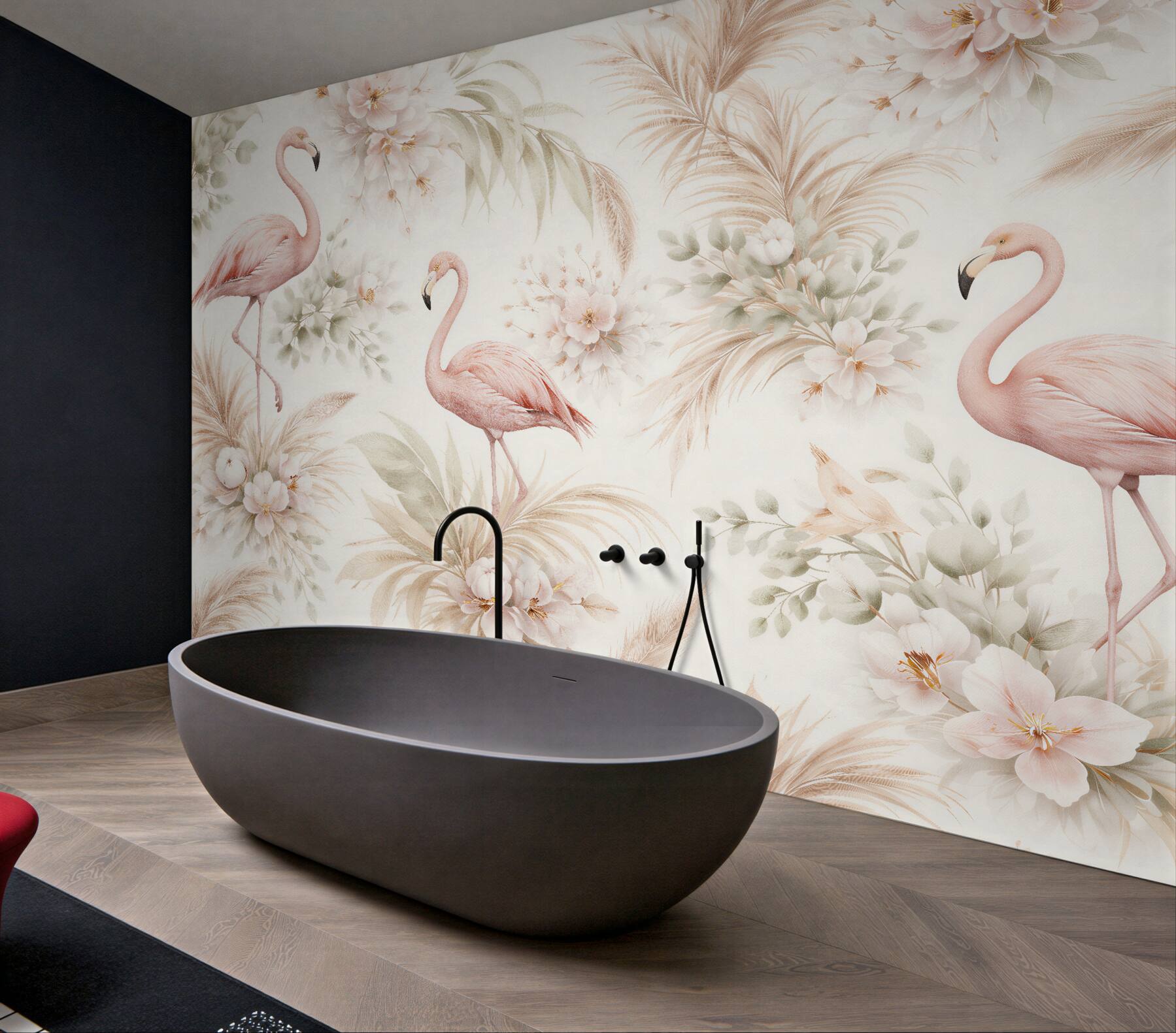 Fototapet Flamingi pastel printre flori