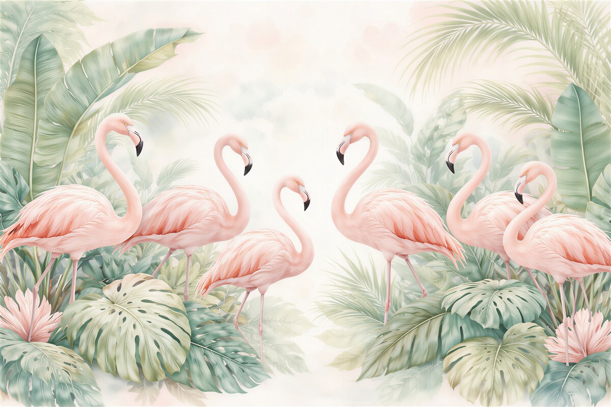 Fototapet Flamingi în frunze tropicale