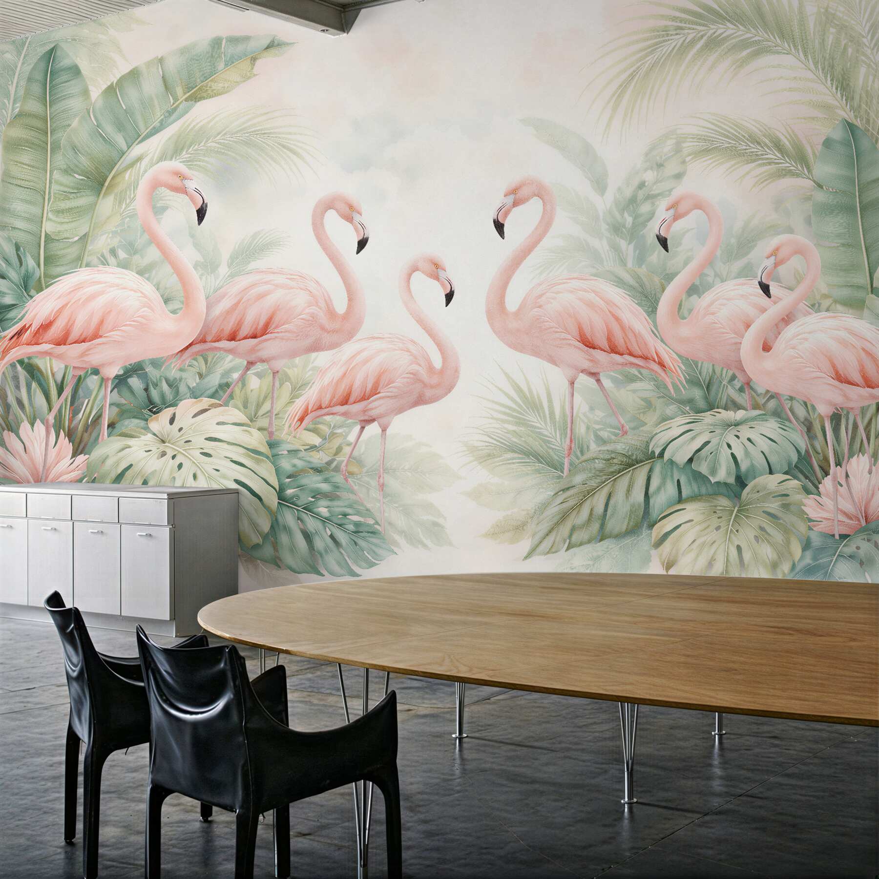 Fototapet Flamingi în frunze tropicale