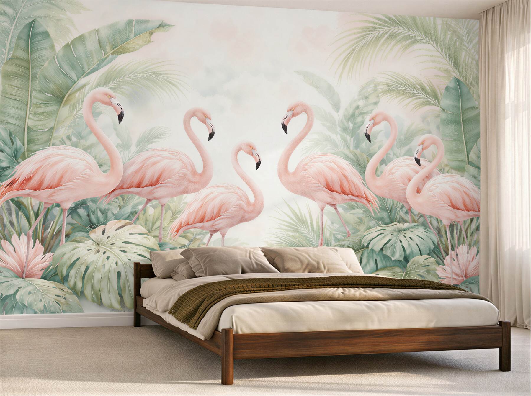 Fototapet Flamingi în frunze tropicale