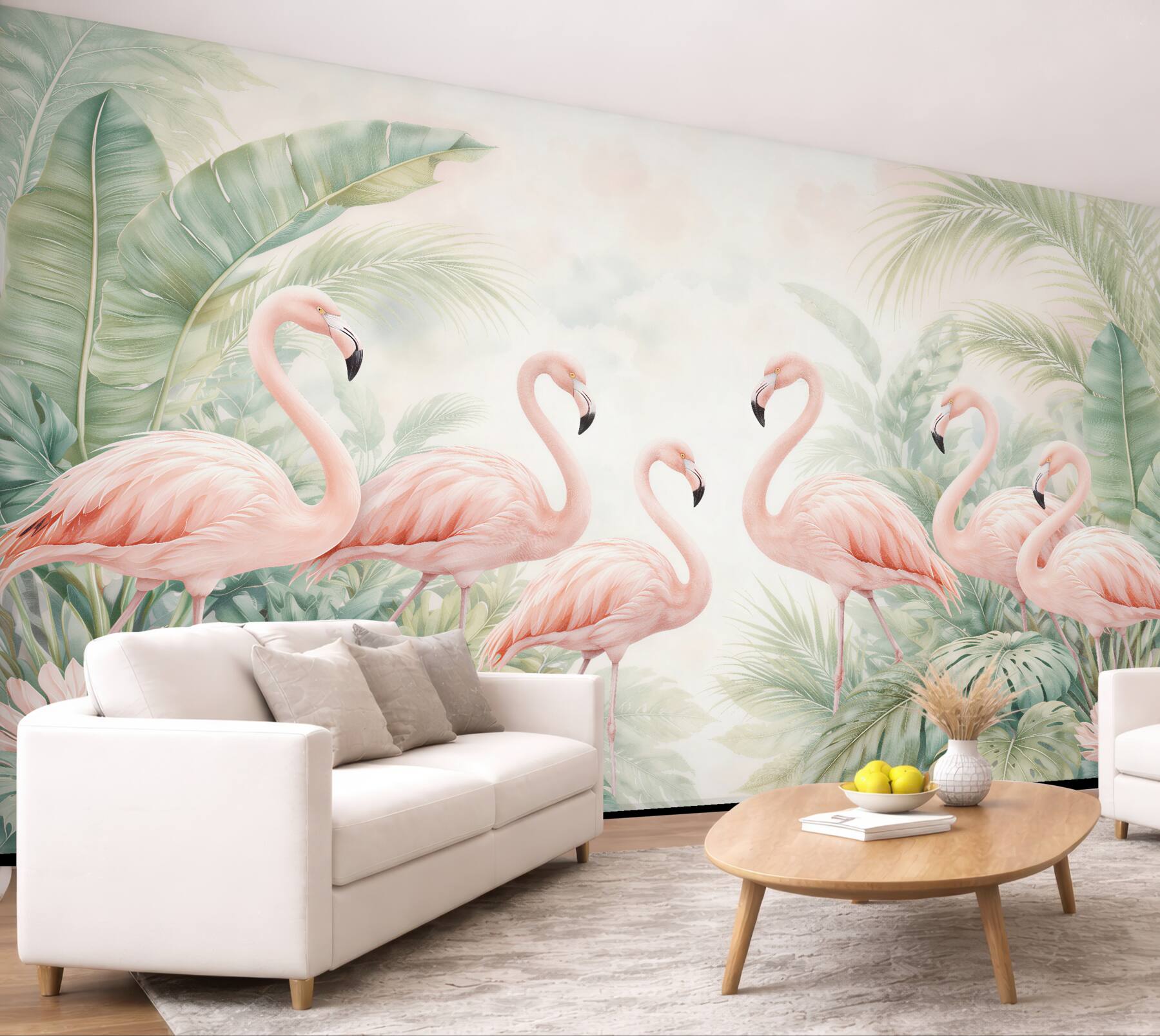 Fototapet Flamingi în frunze tropicale