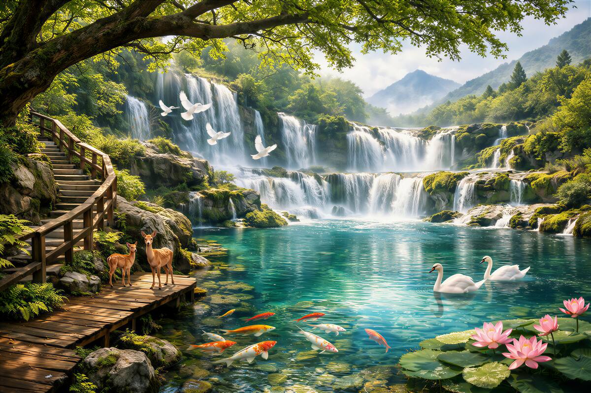 Fototapet Cascadă paradisiacă cu lebede