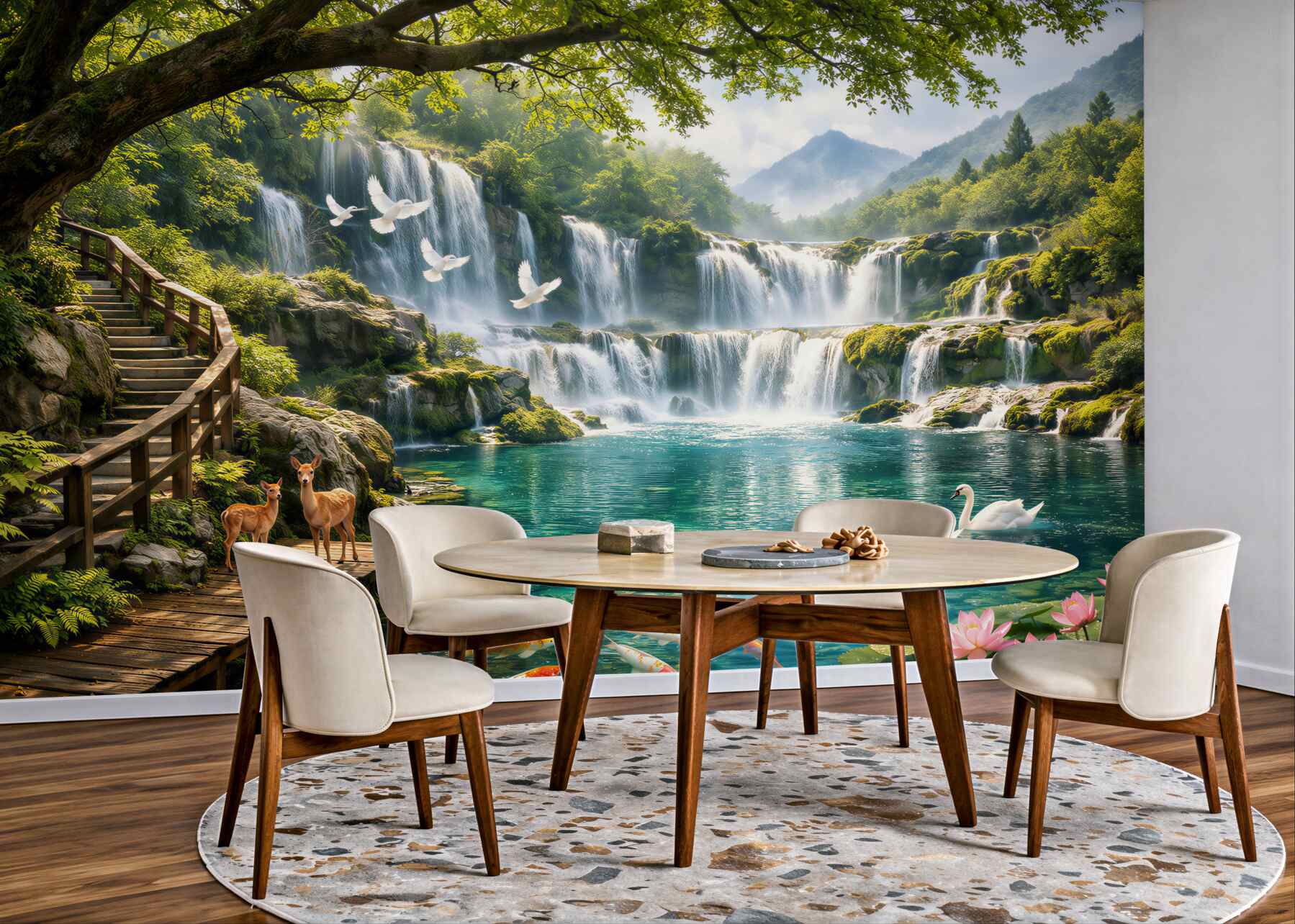 Fototapet Cascadă paradisiacă cu lebede