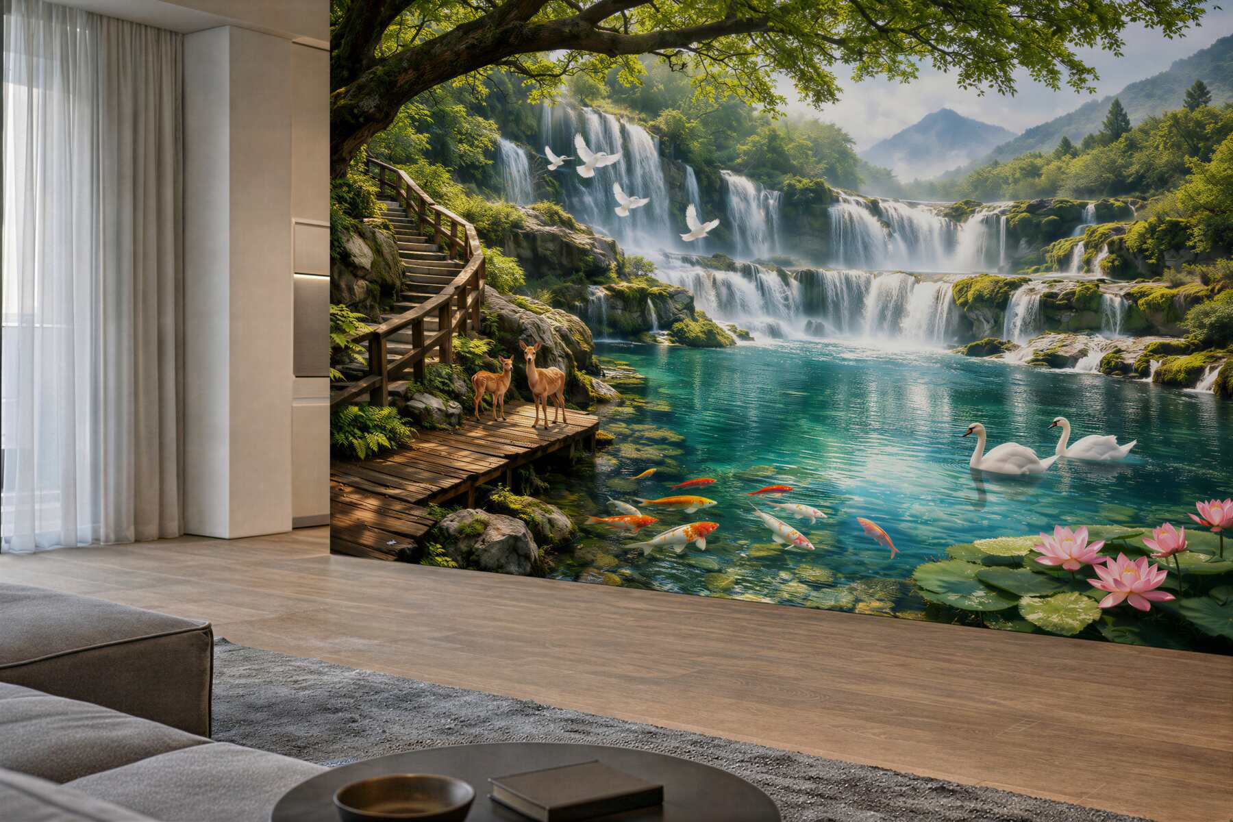 Fototapet Cascadă paradisiacă cu lebede