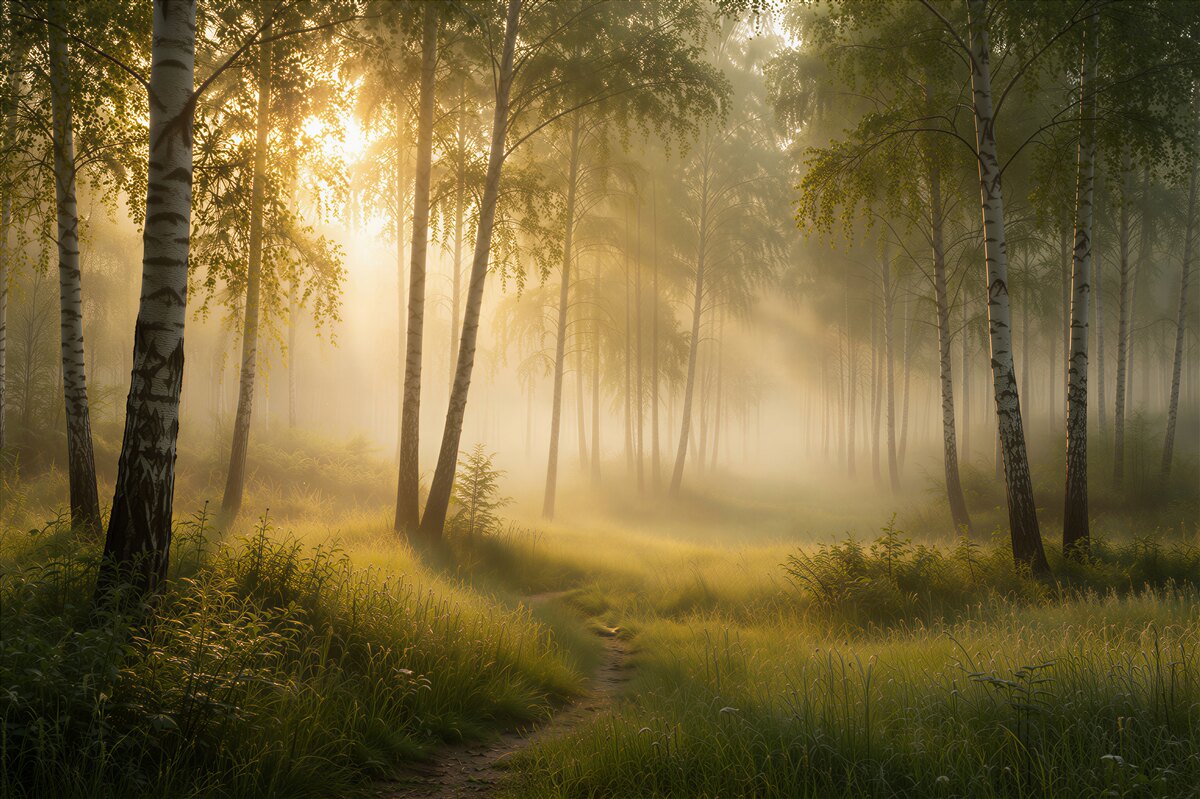 Fototapet Pădure de mesteceni în ceață la răsărit