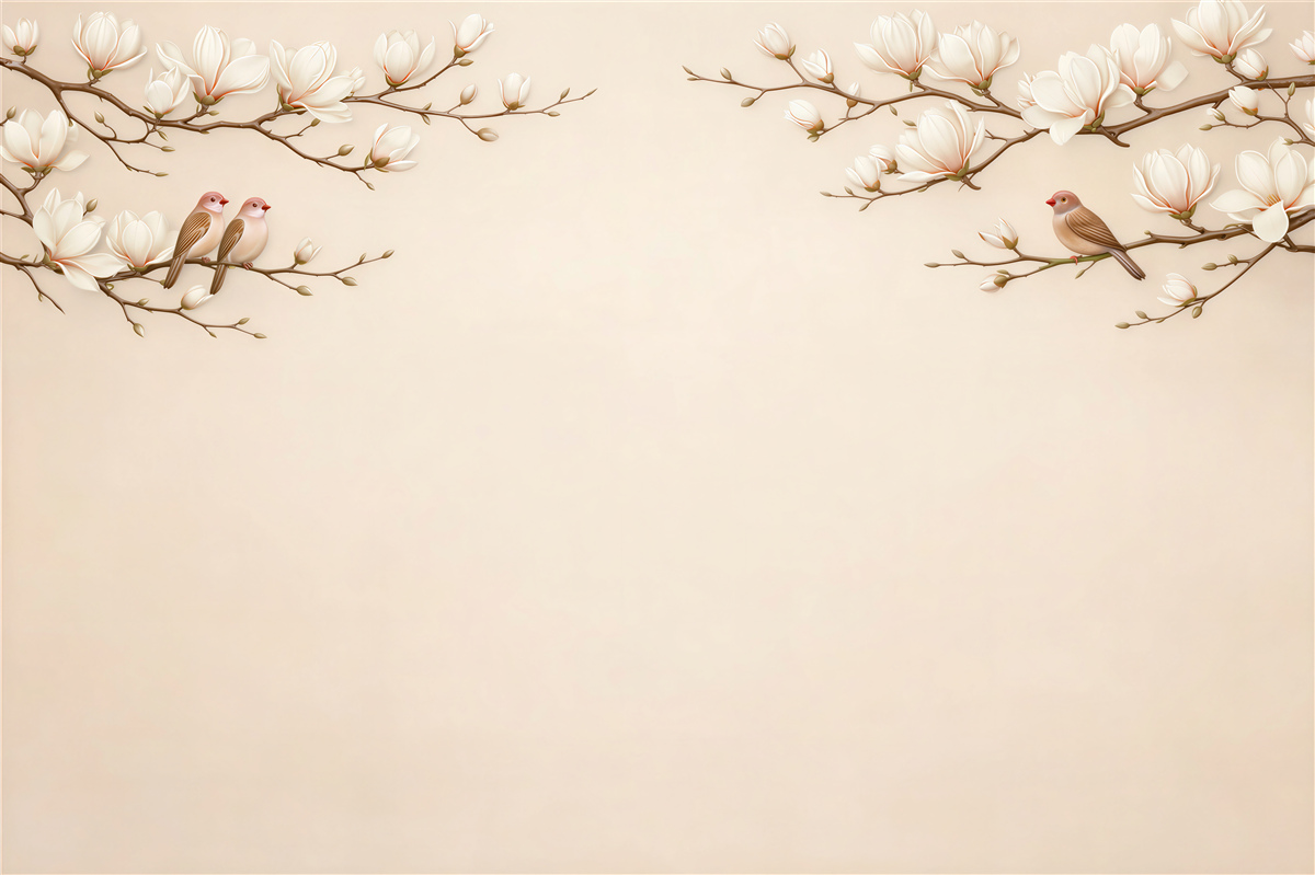 Fototapet Magnolii cu păsări în bej