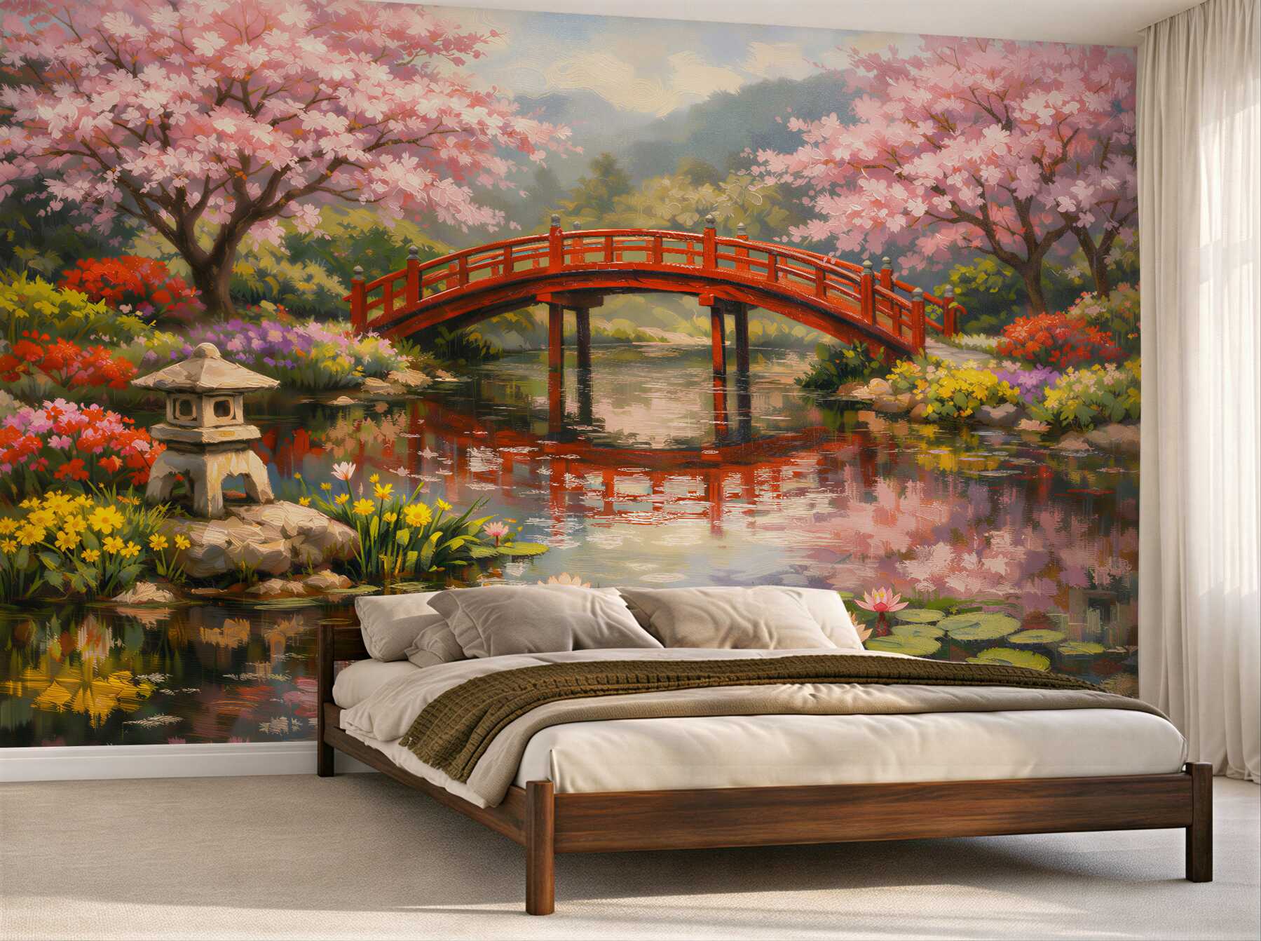 Fototapet Grădină japoneză cu pod roșu