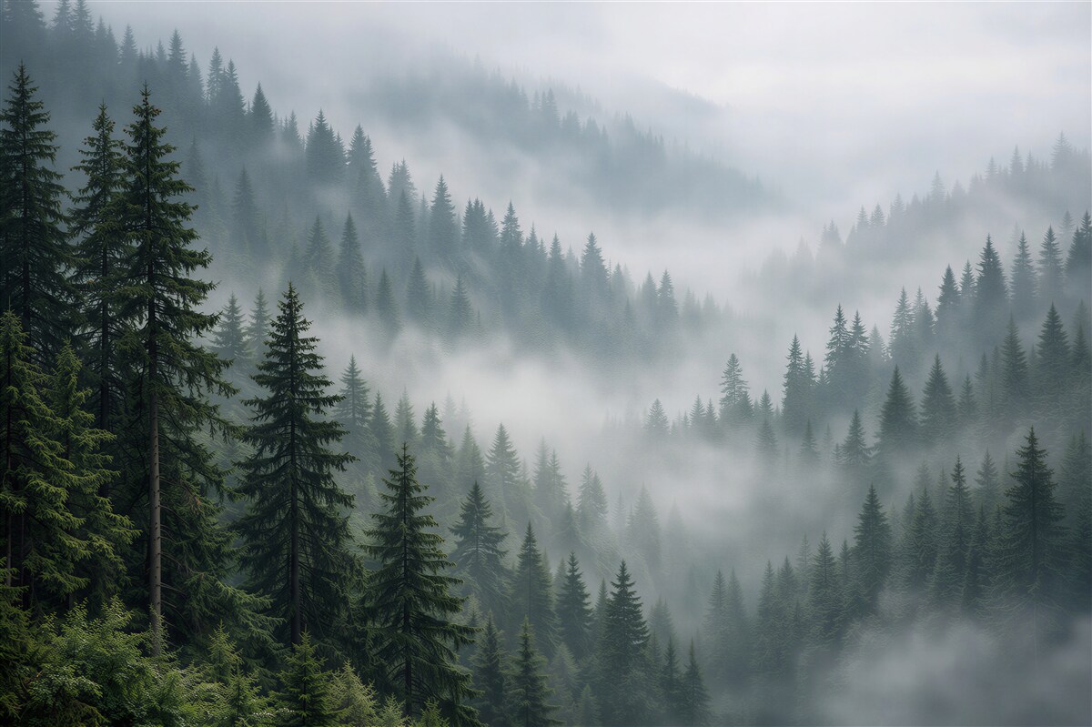 Fototapet Pădure montană de molizi în ceață