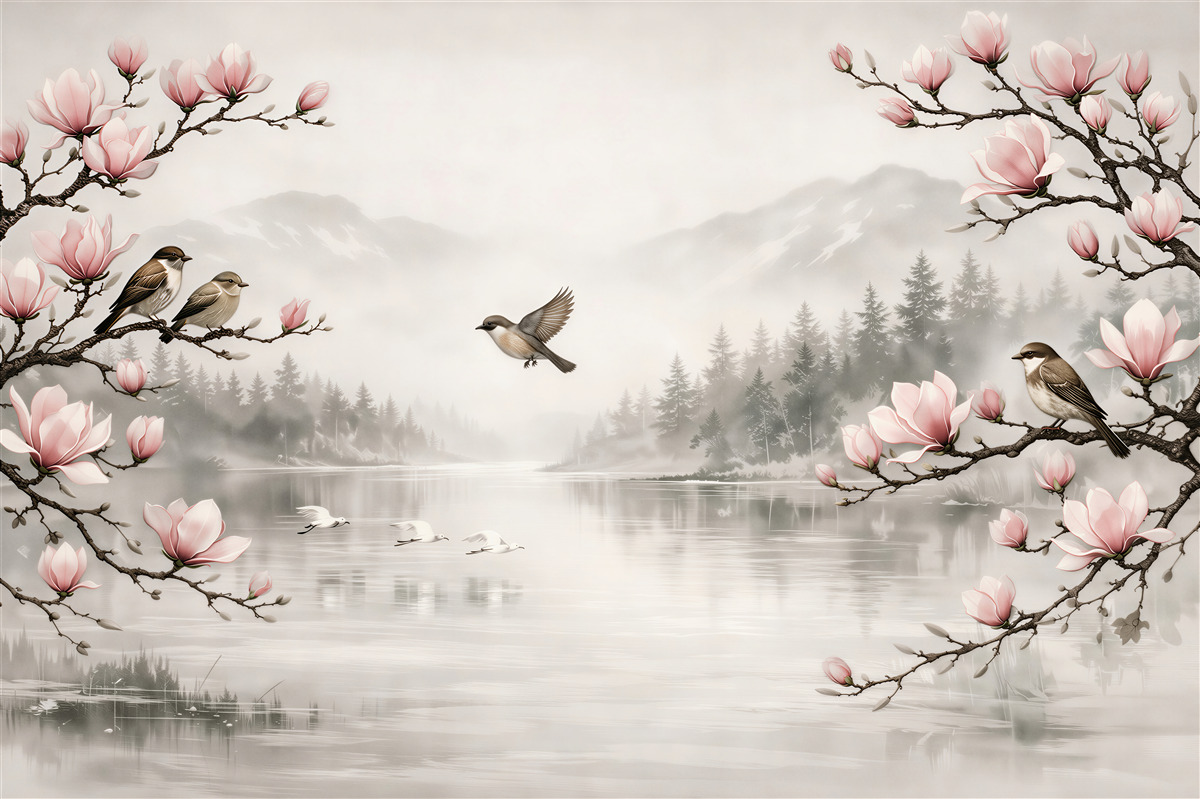 Fototapet Magnolii deasupra unui lac cețos