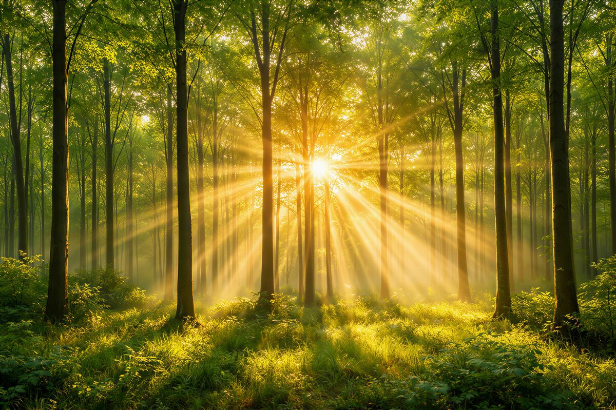 Fototapet Raze de soare în pădurea verde
