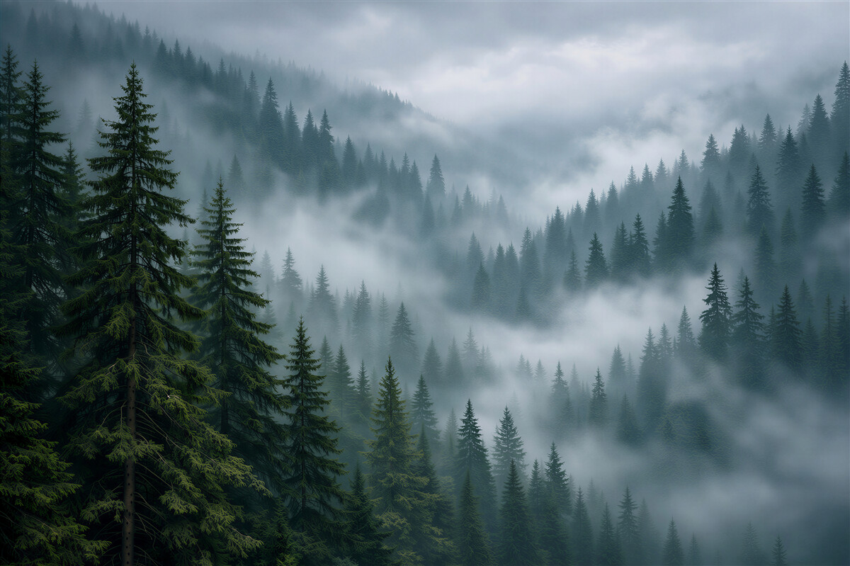 Fototapet Pădure montană de molizi în ceață