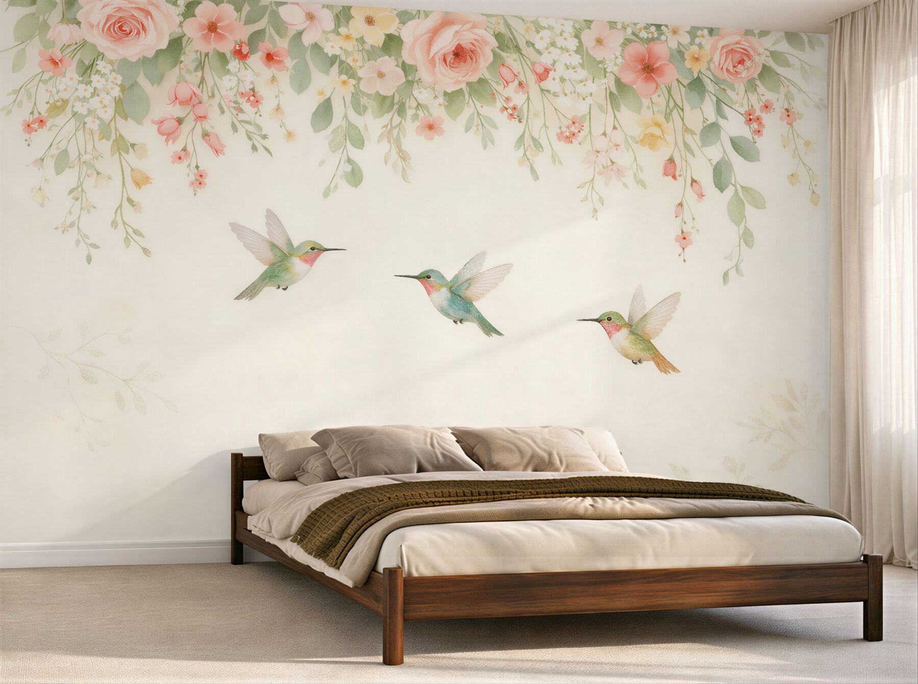 Fototapet Colibri pastel printre flori