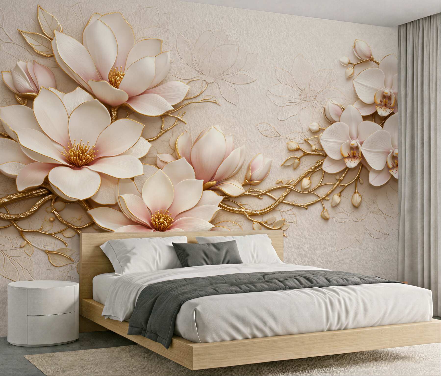 Fototapet Magnolii aurii și orhidee glamour