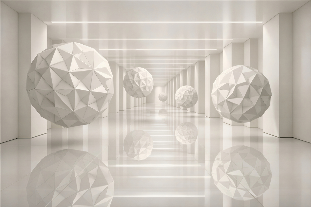 Fototapet Sfere albe într-un coridor futurist