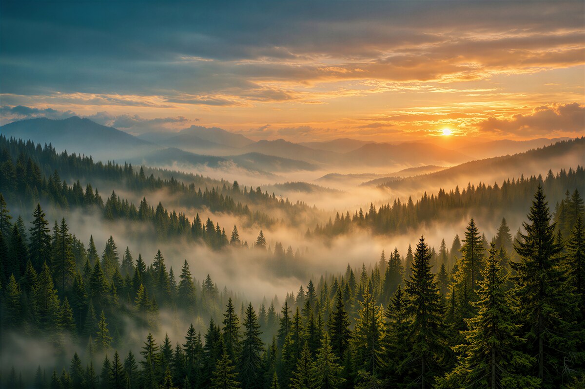 Fototapet Zori cețoase deasupra pădurii montane