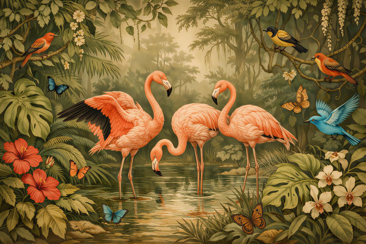 Fototapet Flamingi în jungla exotică